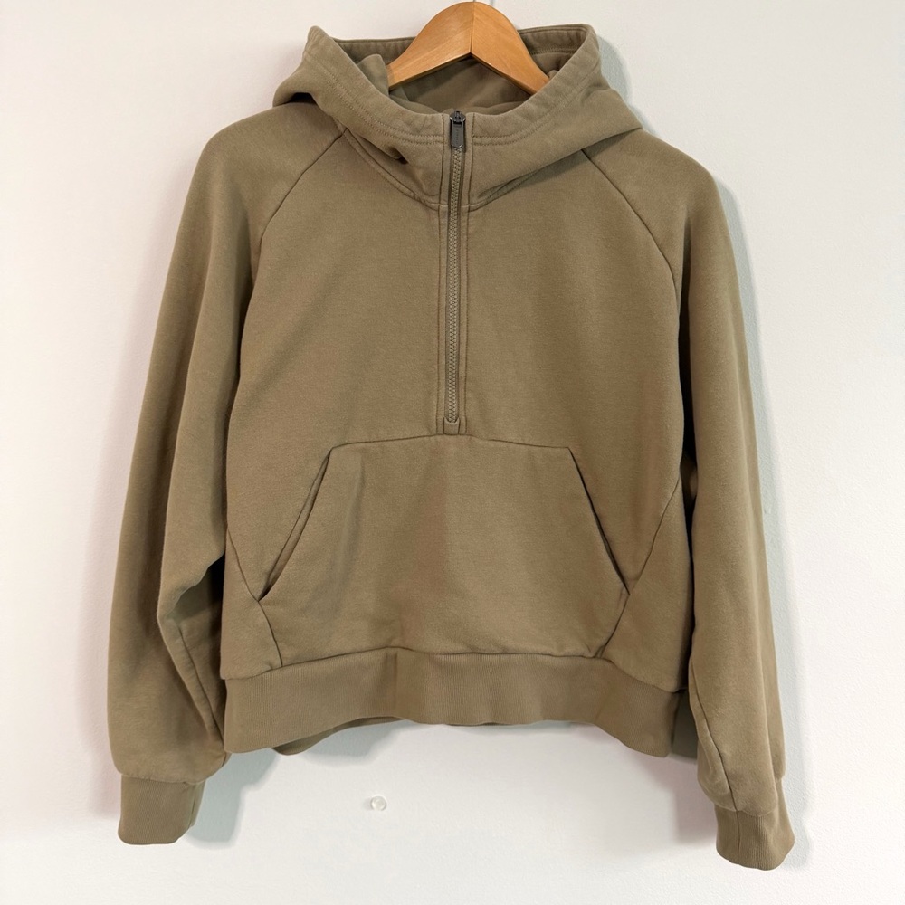 Athleta Half Zip Hoodie Kanga Pocket Tan/Olive Women’s Cropped Sweatshirt Size M